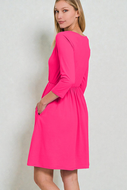 Hot Pink V-Neck Fit & Flare Mini Dress
