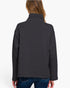 A woman viewed from the back wearing a dark charcoal gray mock neck fleece jacket and blue jeans, set against a plain white studio background.