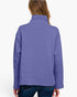 A woman viewed from the back wearing a heathered periwinkle purple quarter-zip fleece jacket and dark blue jeans, set against a plain white studio background.