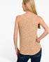 A woman shown from the back wearing a sleeveless heathered beige top and dark blue jeans against a plain white studio background.