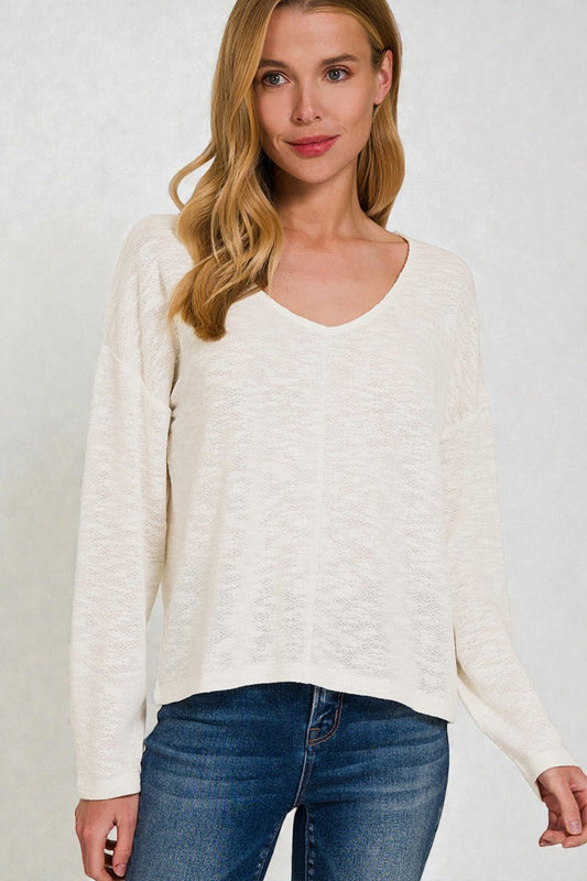 Ivory Lightweight V-Neck Long Sleeve Top