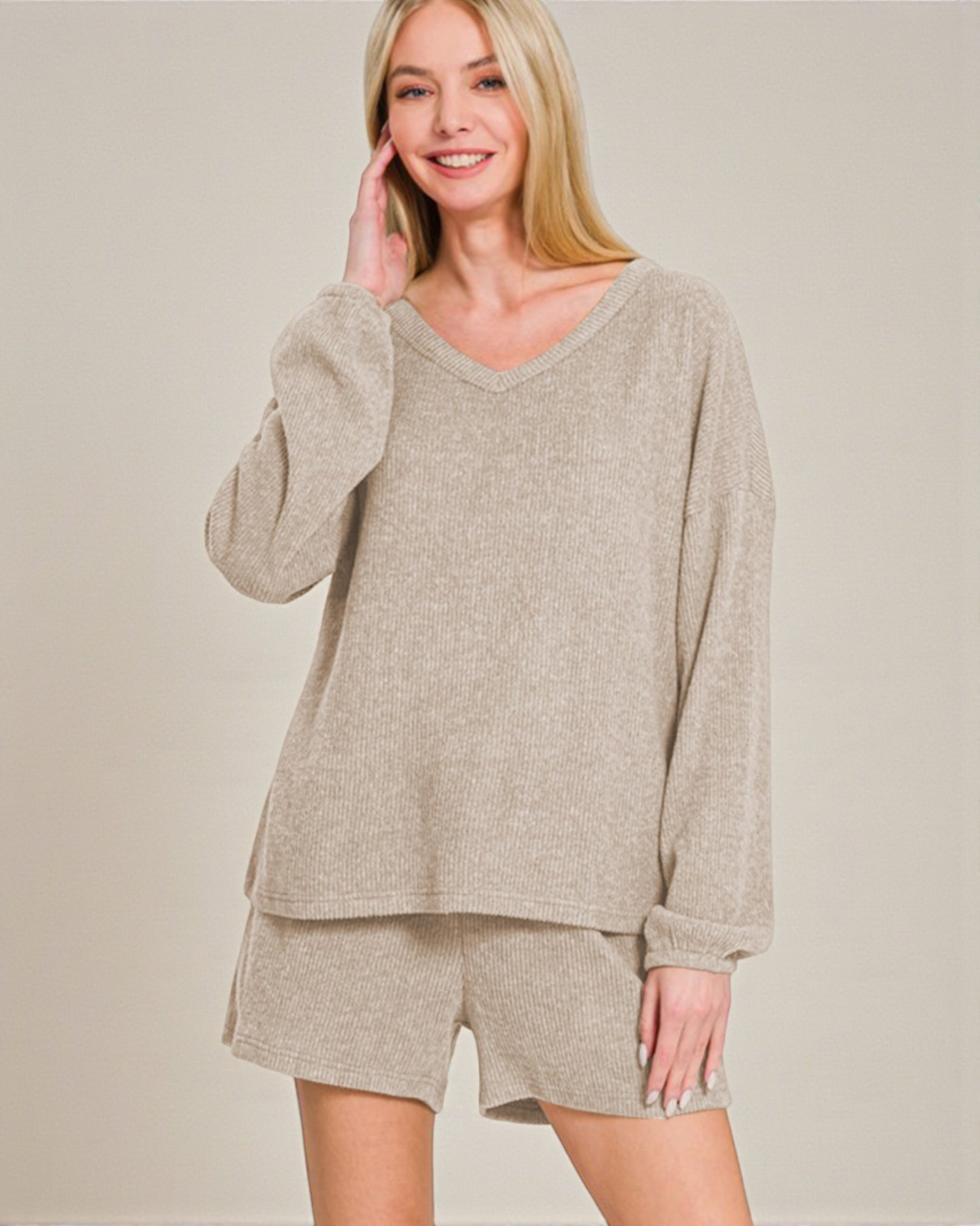 Oatmeal Ribbed Lounge Top & Shorts Set