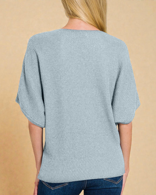 Pull dolman à manches courtes et col en V en bleu gris