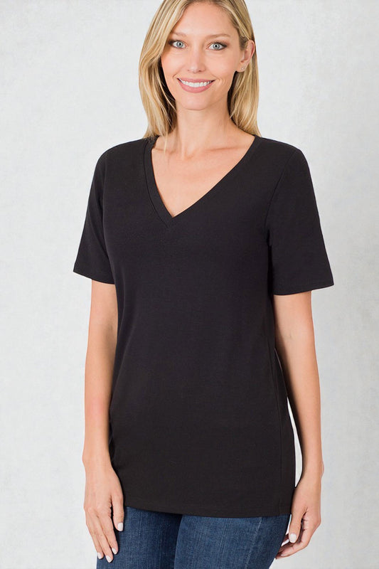 Black V-Neck Short Sleeve Top