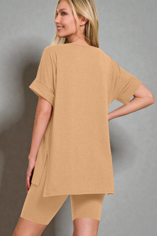 Woman wearing a beige dress against a gray background