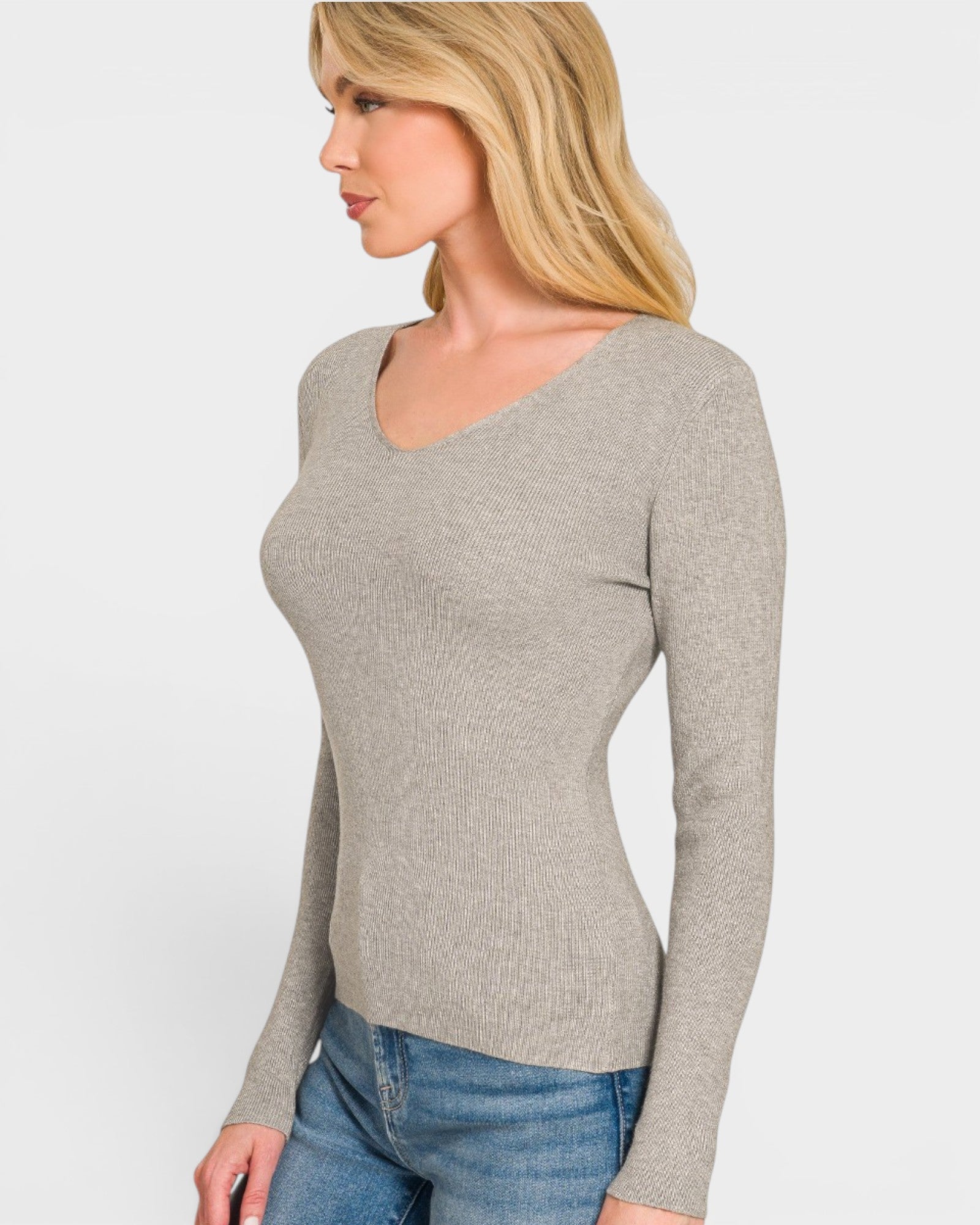 Heather Gray V-Neck Ribbed Sweater