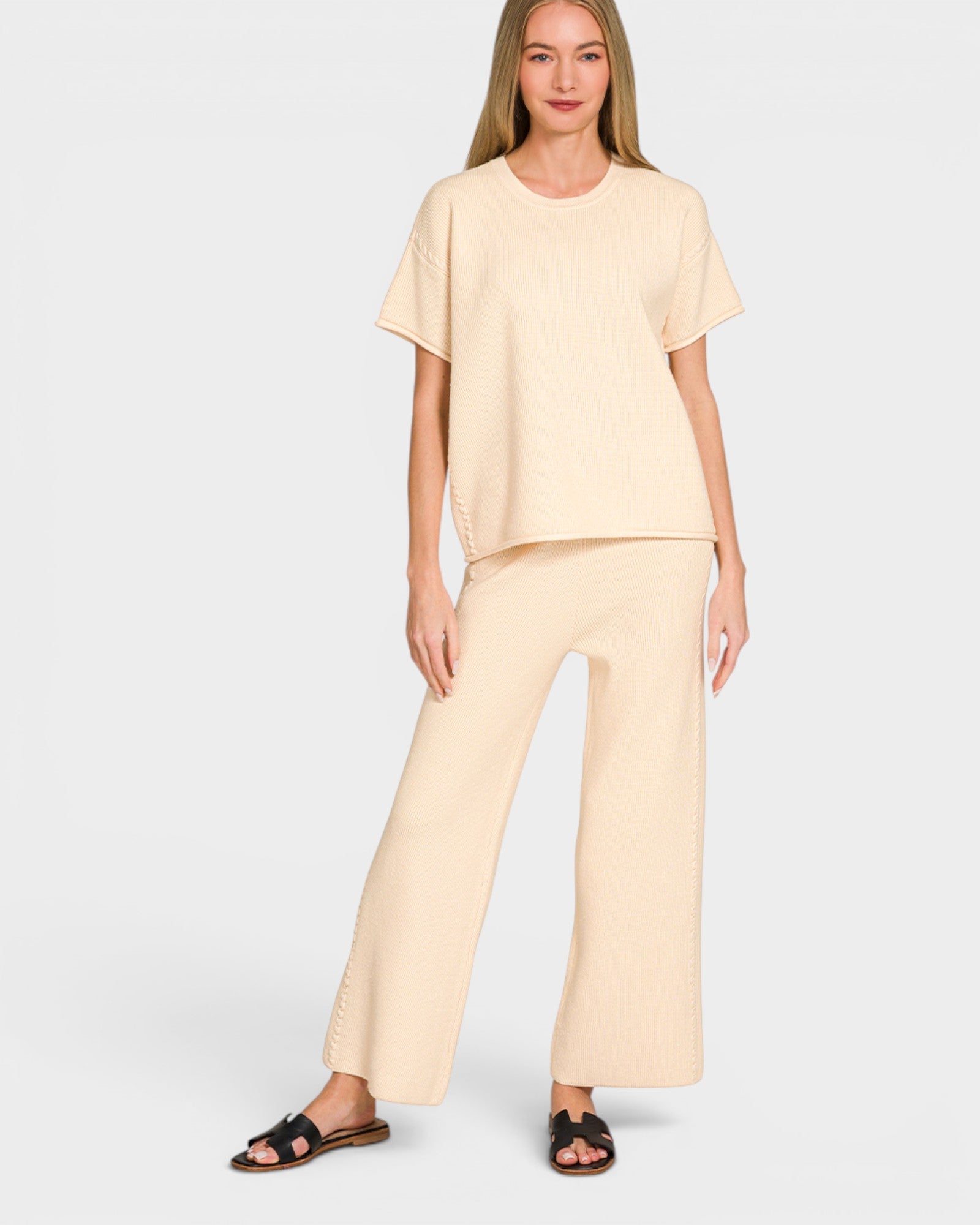 Ivory Ribbed Knit Top & Pants Set