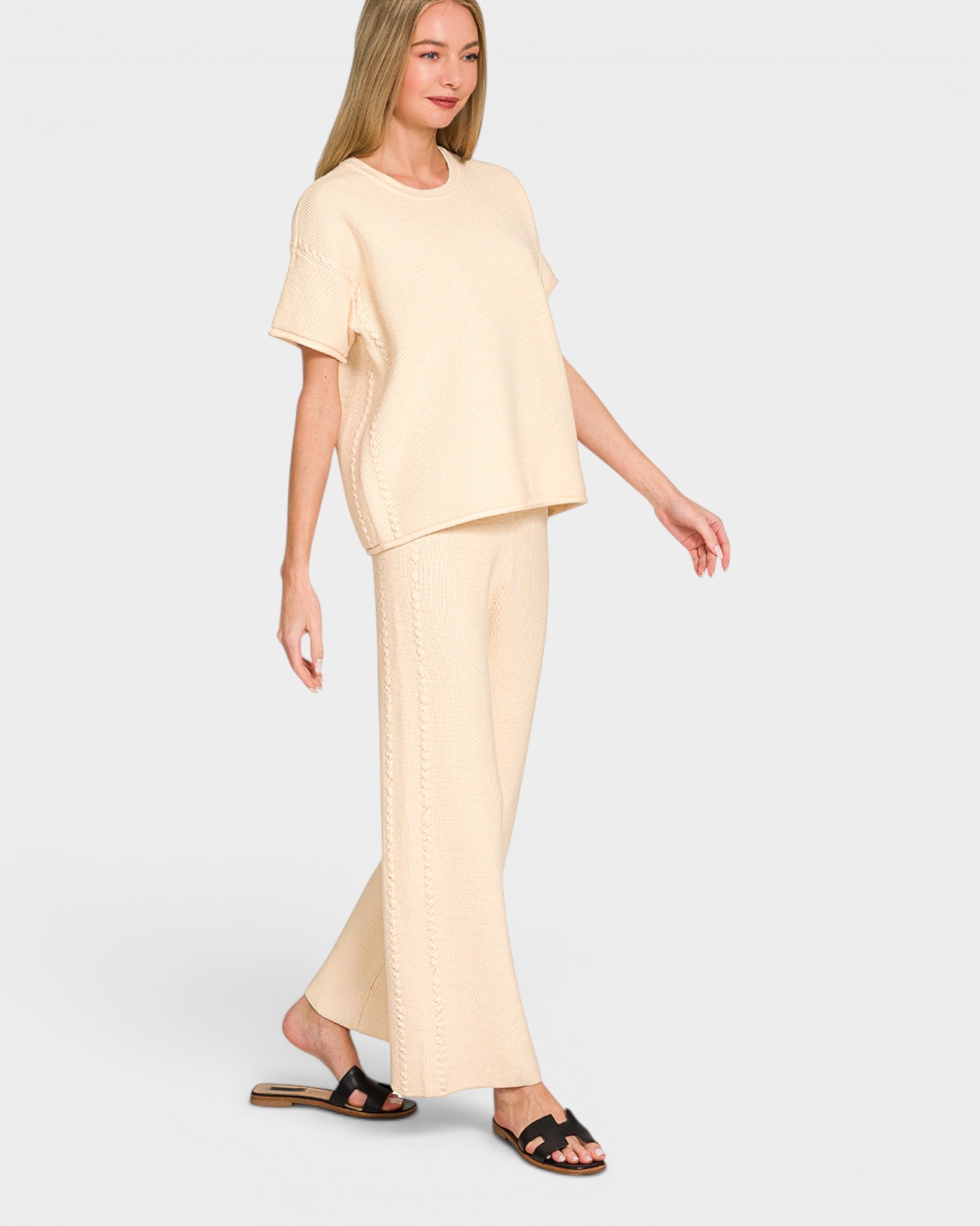 Ivory Ribbed Knit Top & Pants Set