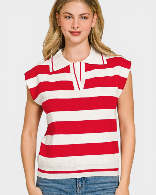 Woman wearing a red and white striped sleeveless polo shirt against a plain background