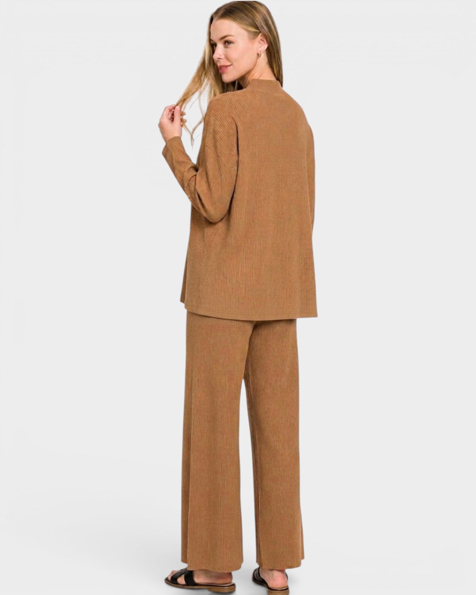 Camel Ribbed Long Sleeve Lounge Set