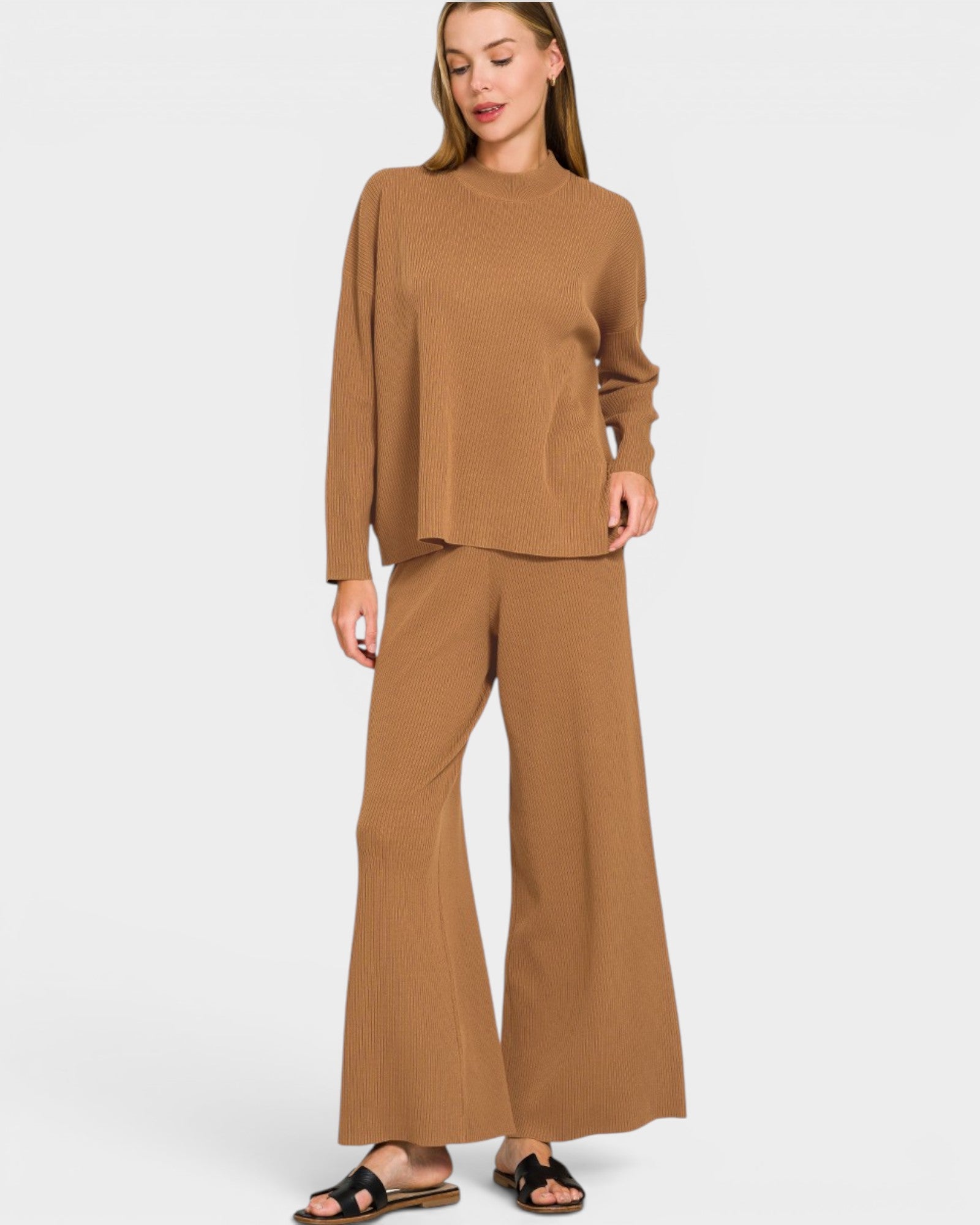 Camel Ribbed Long Sleeve Lounge Set
