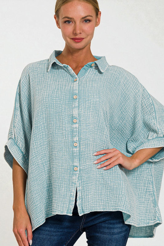 Seafoam Textured Button-Front Top