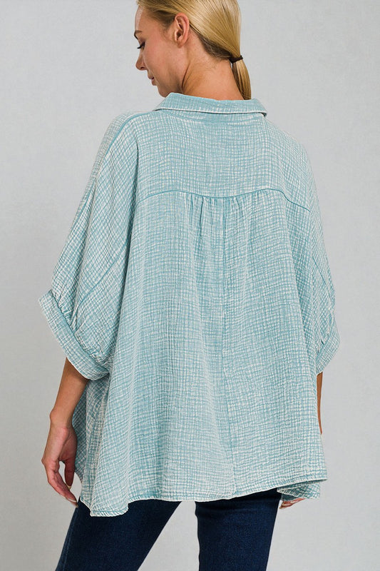 Seafoam Textured Button-Front Top