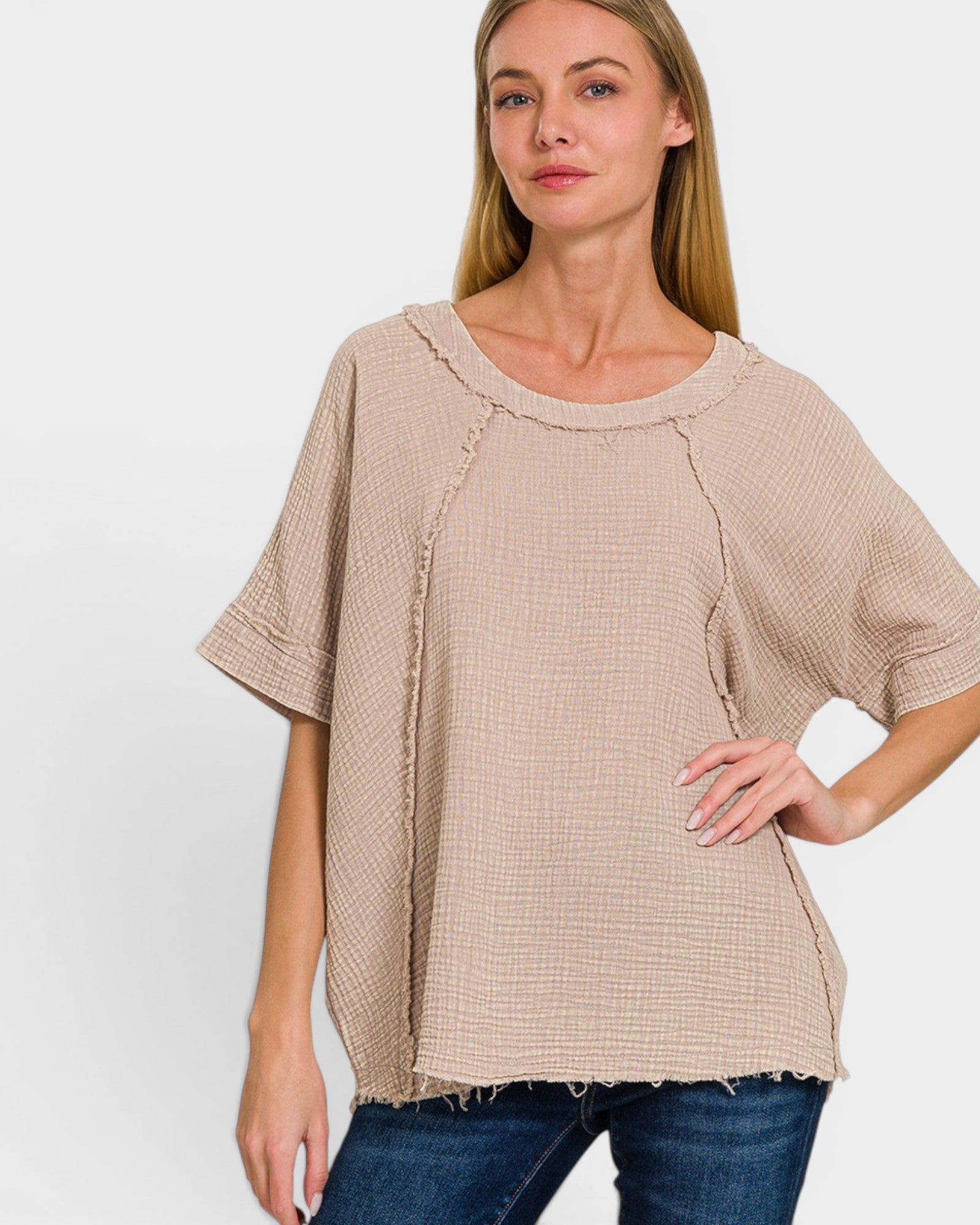Taupe Textured Cotton Short Sleeve Top