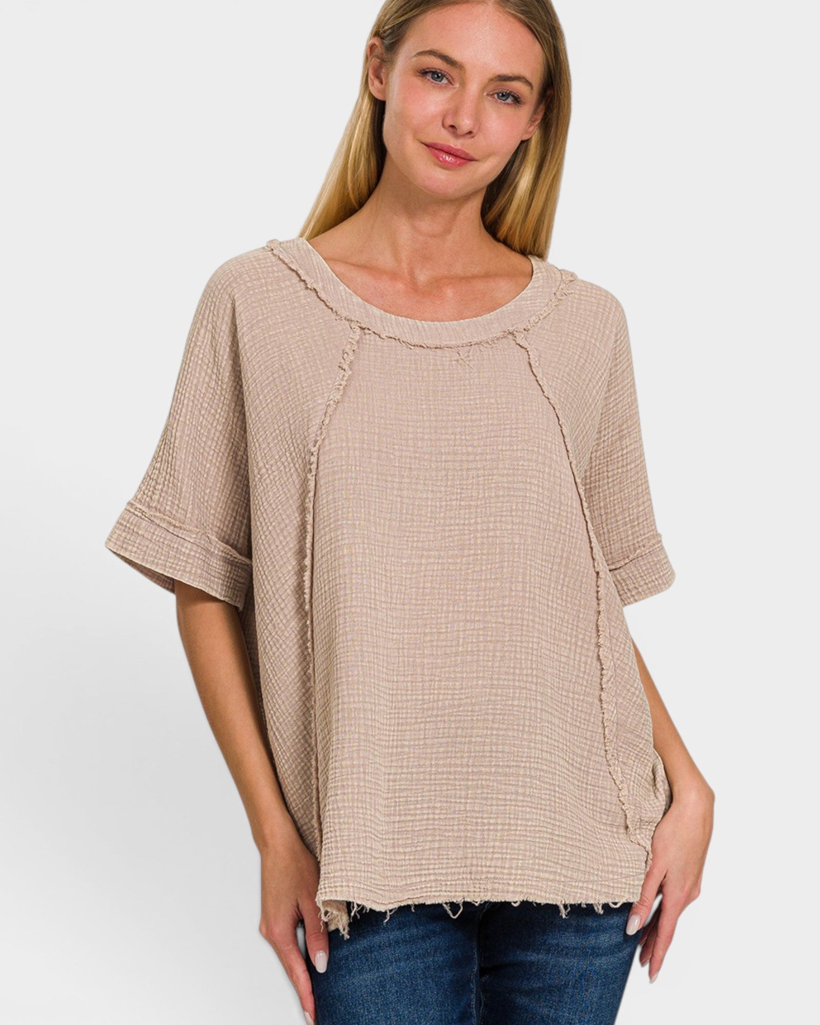 Taupe Textured Cotton Short Sleeve Top