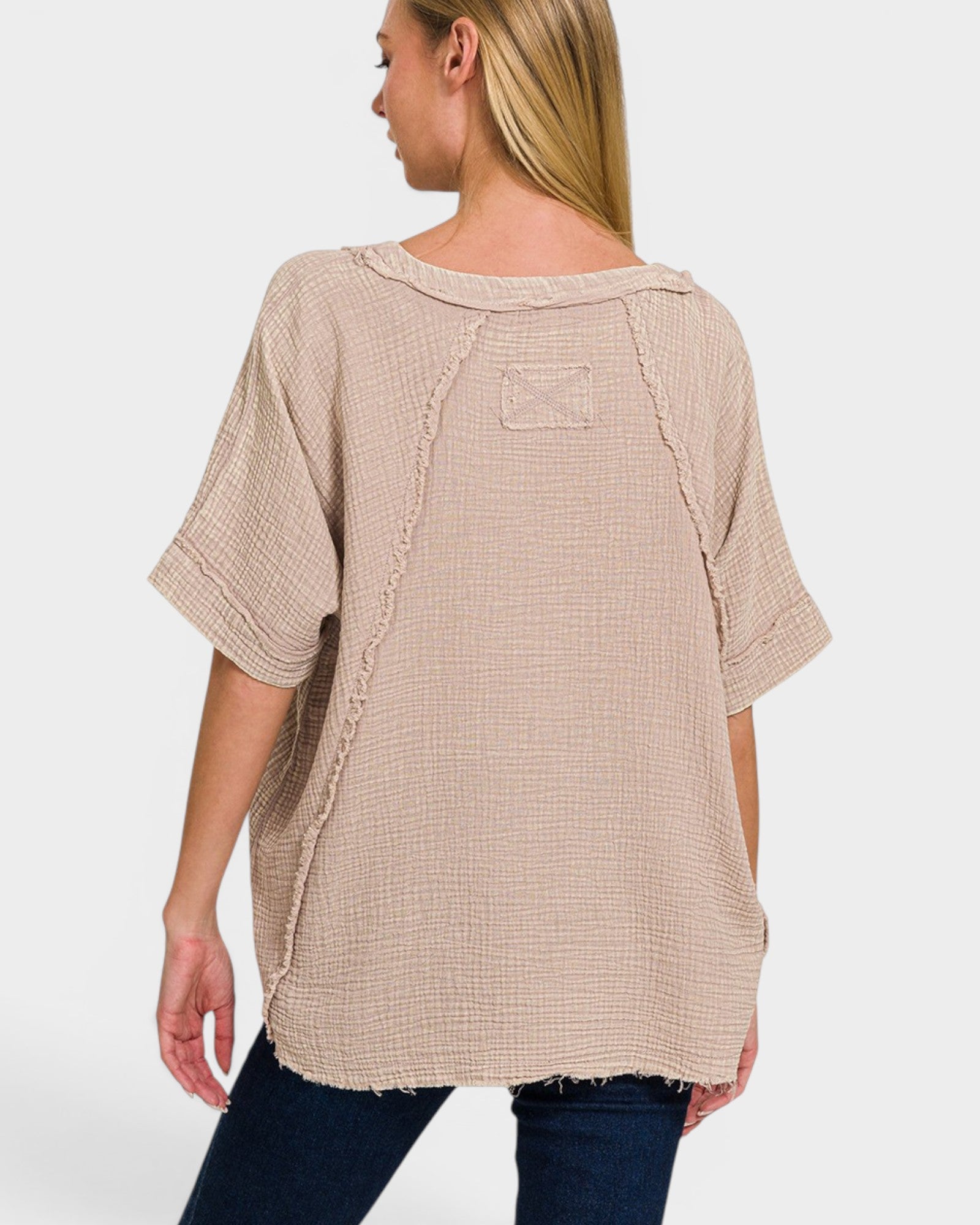 Taupe Textured Cotton Short Sleeve Top