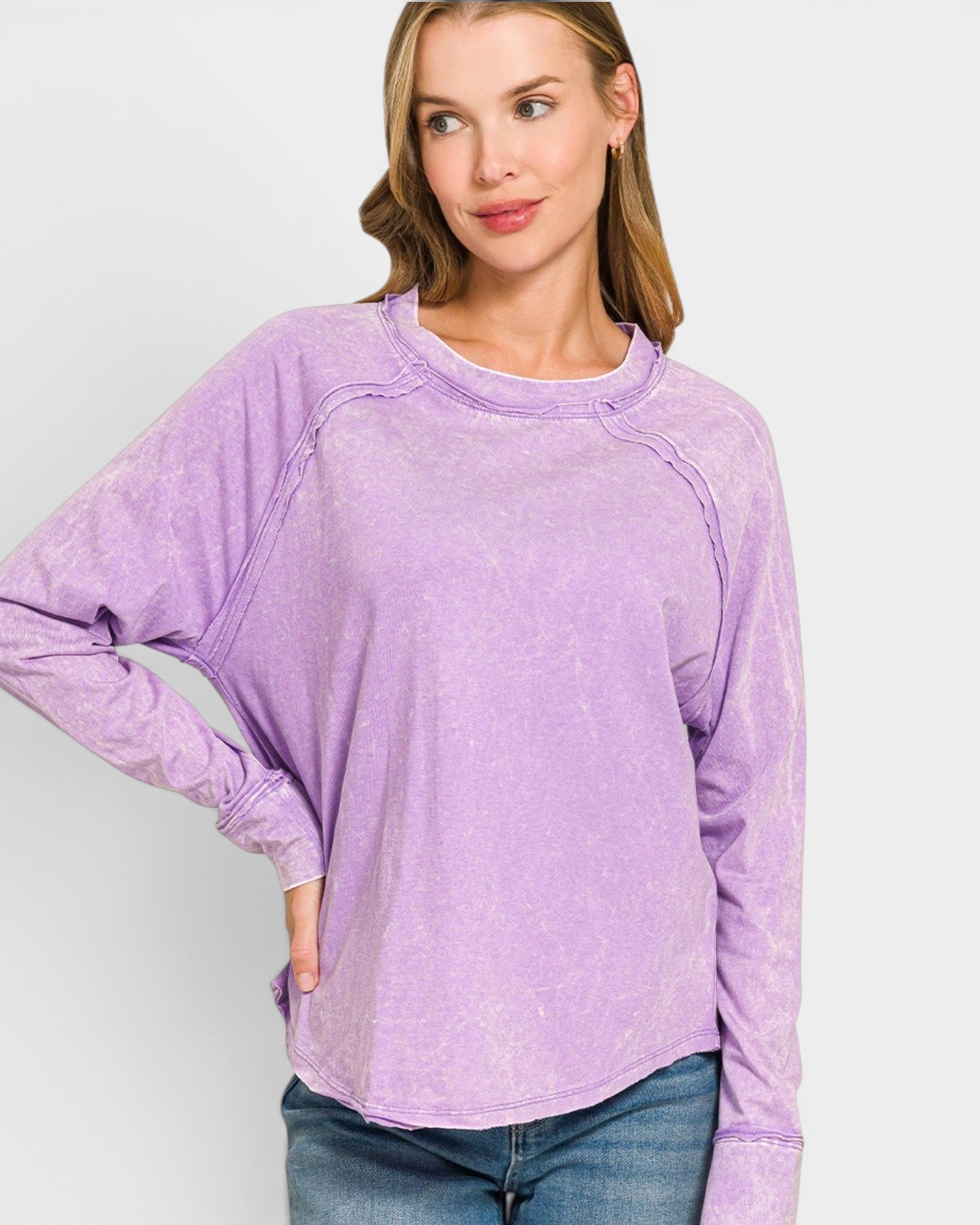 Lavender Washed Cotton Long Sleeve Top