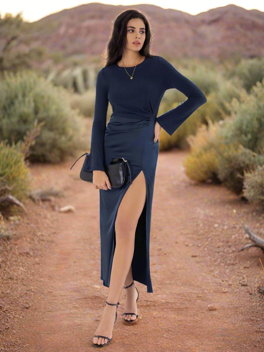 Dark Navy Long Sleeve Midi Dress