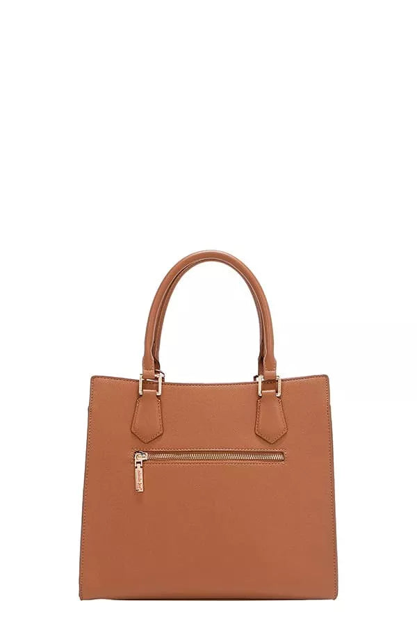 Brown handbag with a gold zipper on a white background