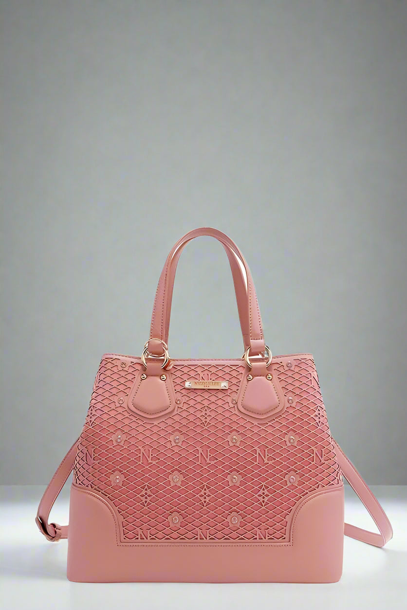 Pink handbag with floral pattern on a white background