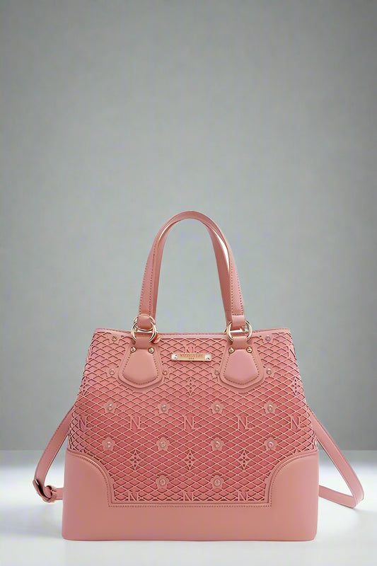 Pink handbag with floral pattern on a white background