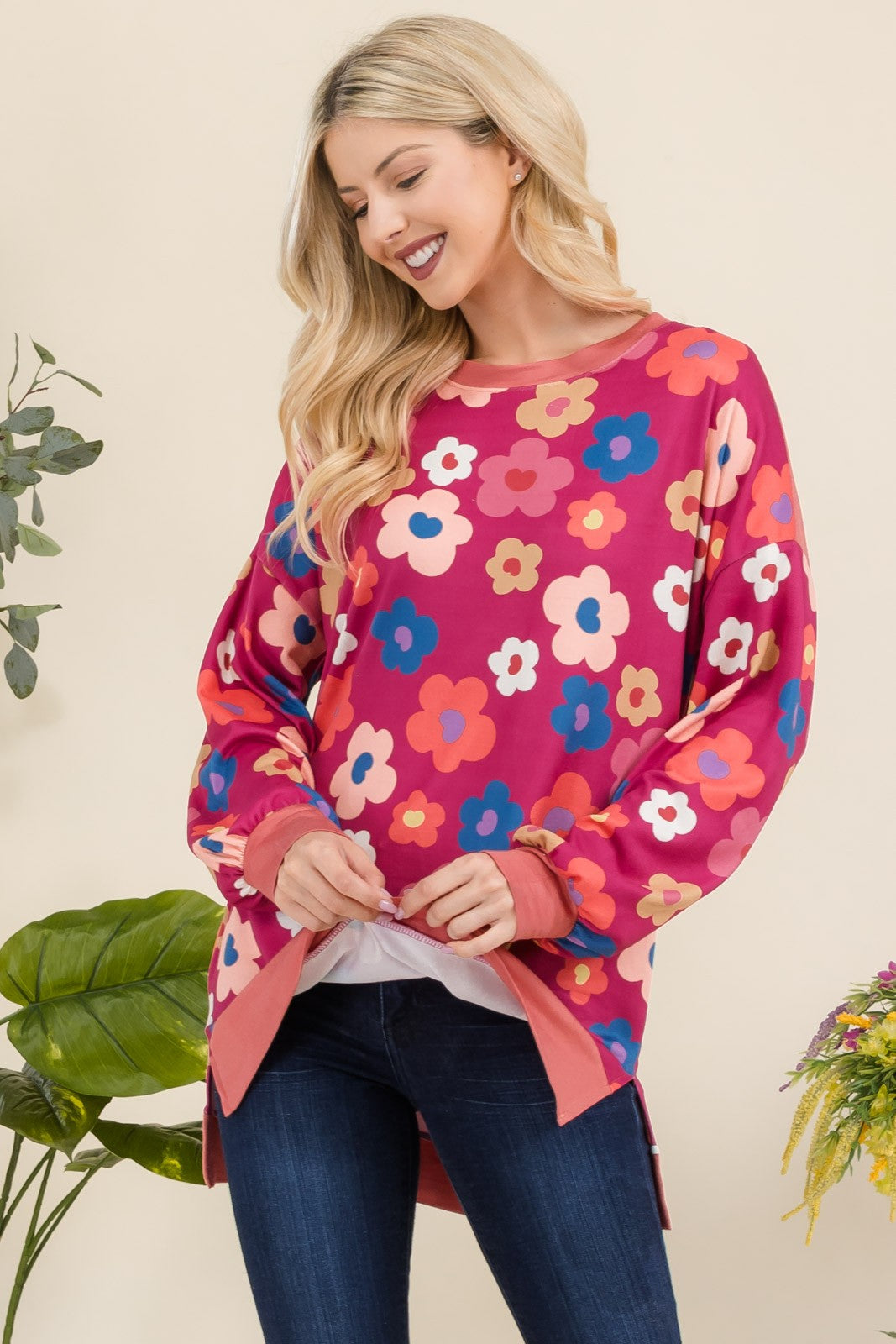 Flower Print Long Sleeve Tunic Top in Fuchsia