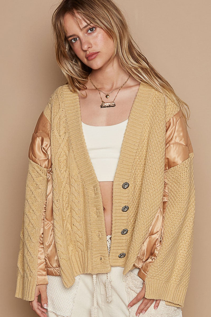 Quilted Button Up Cable Knit Jacket in Camel