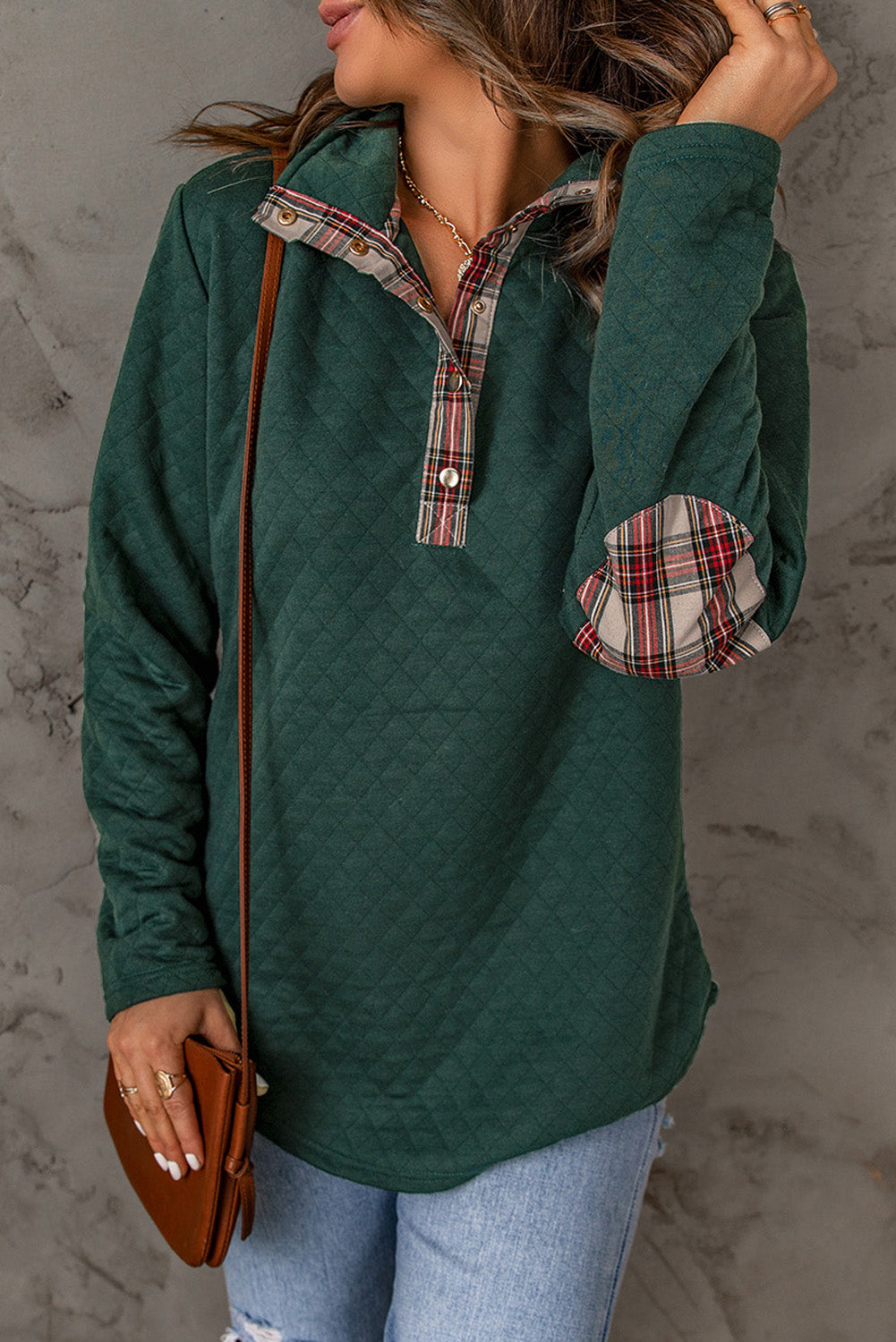 Green Plaid Accent Quilted Sweatshirt