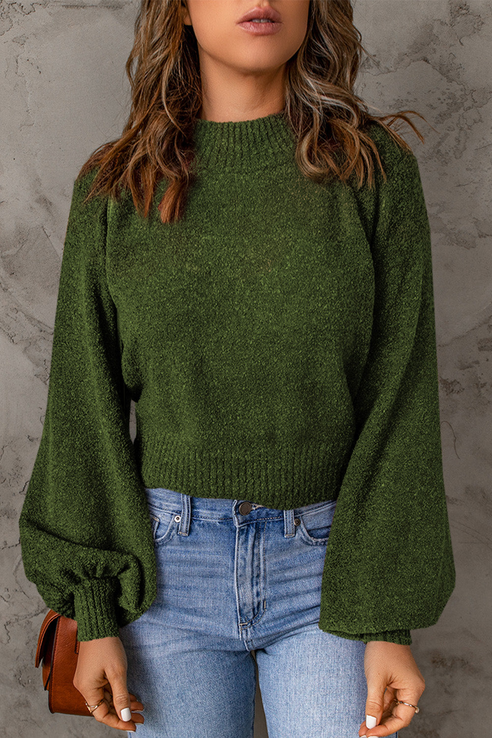 Rib Knit Trim Balloon Sleeve Sweater