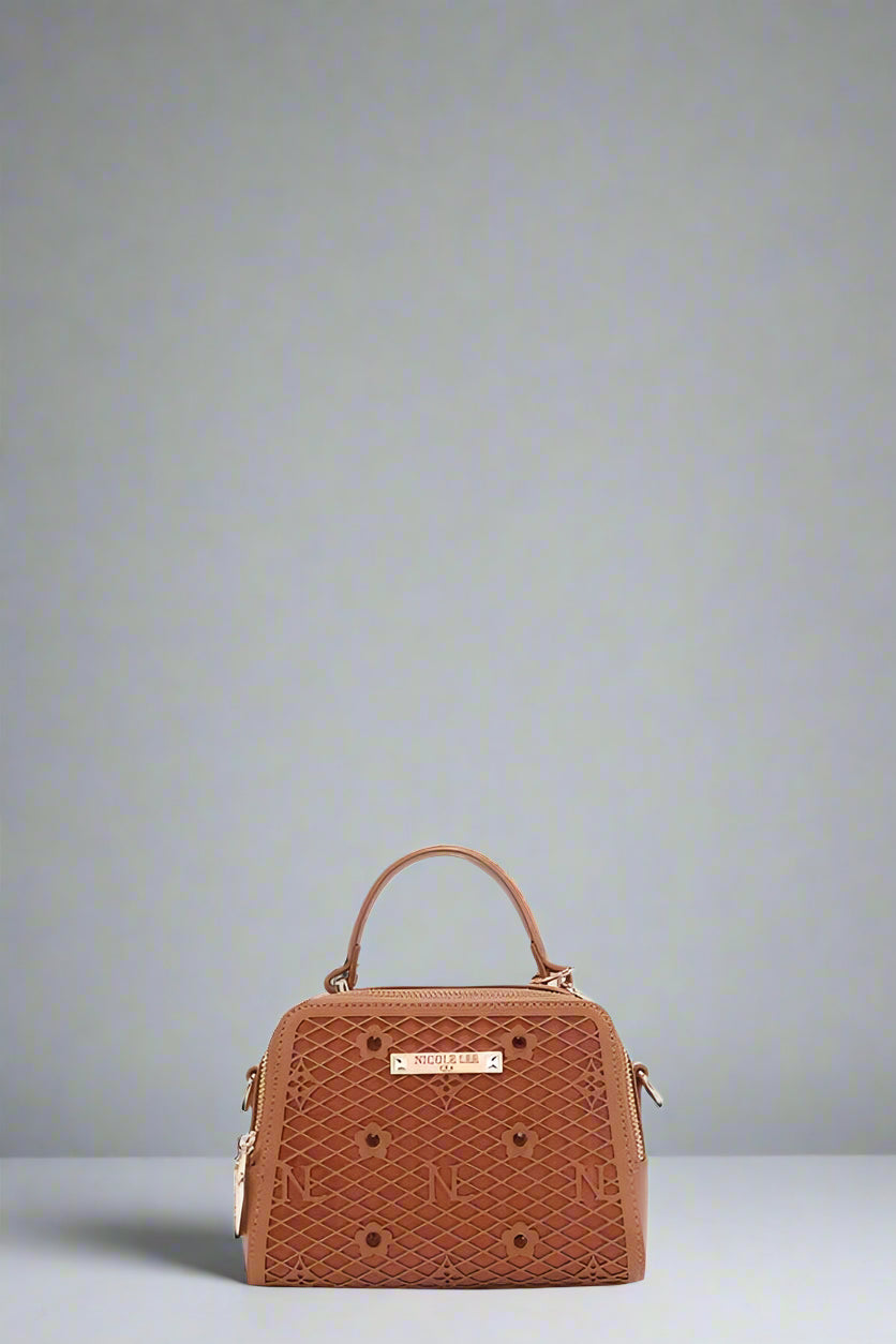 Brown handbag with textured pattern on a white background