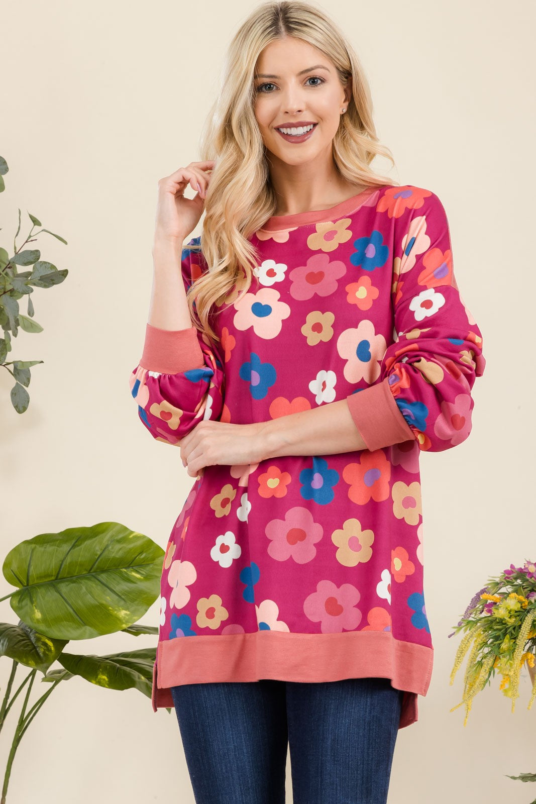 Flower Print Long Sleeve Tunic Top in Fuchsia