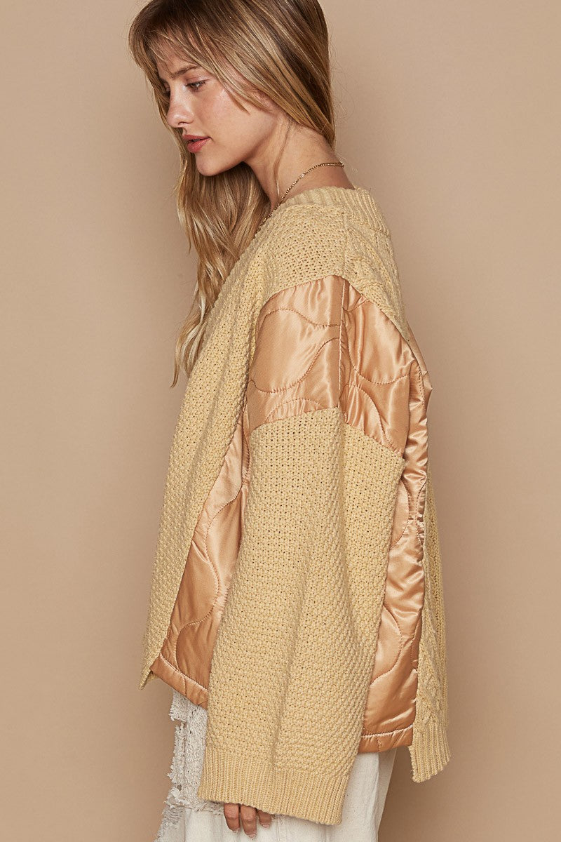 Quilted Button Up Cable Knit Jacket in Camel