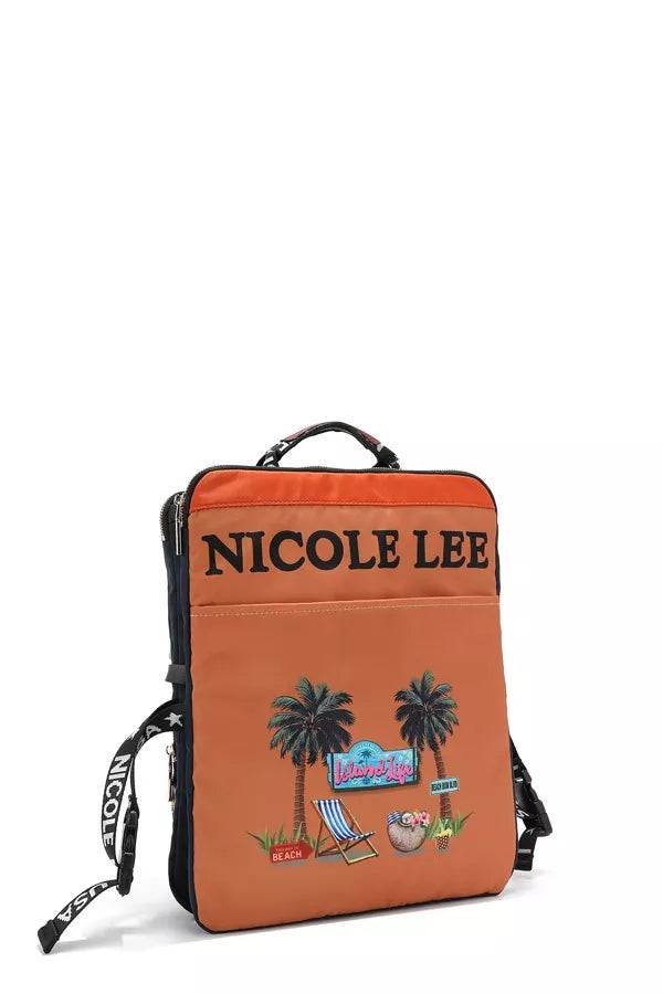 Orange backpack with 'NICOLE LEE' branding and palm tree design on a white background