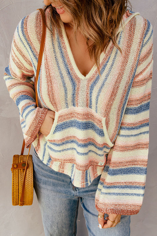 Multicolor Striped Hooded Sweater with Front Pocket