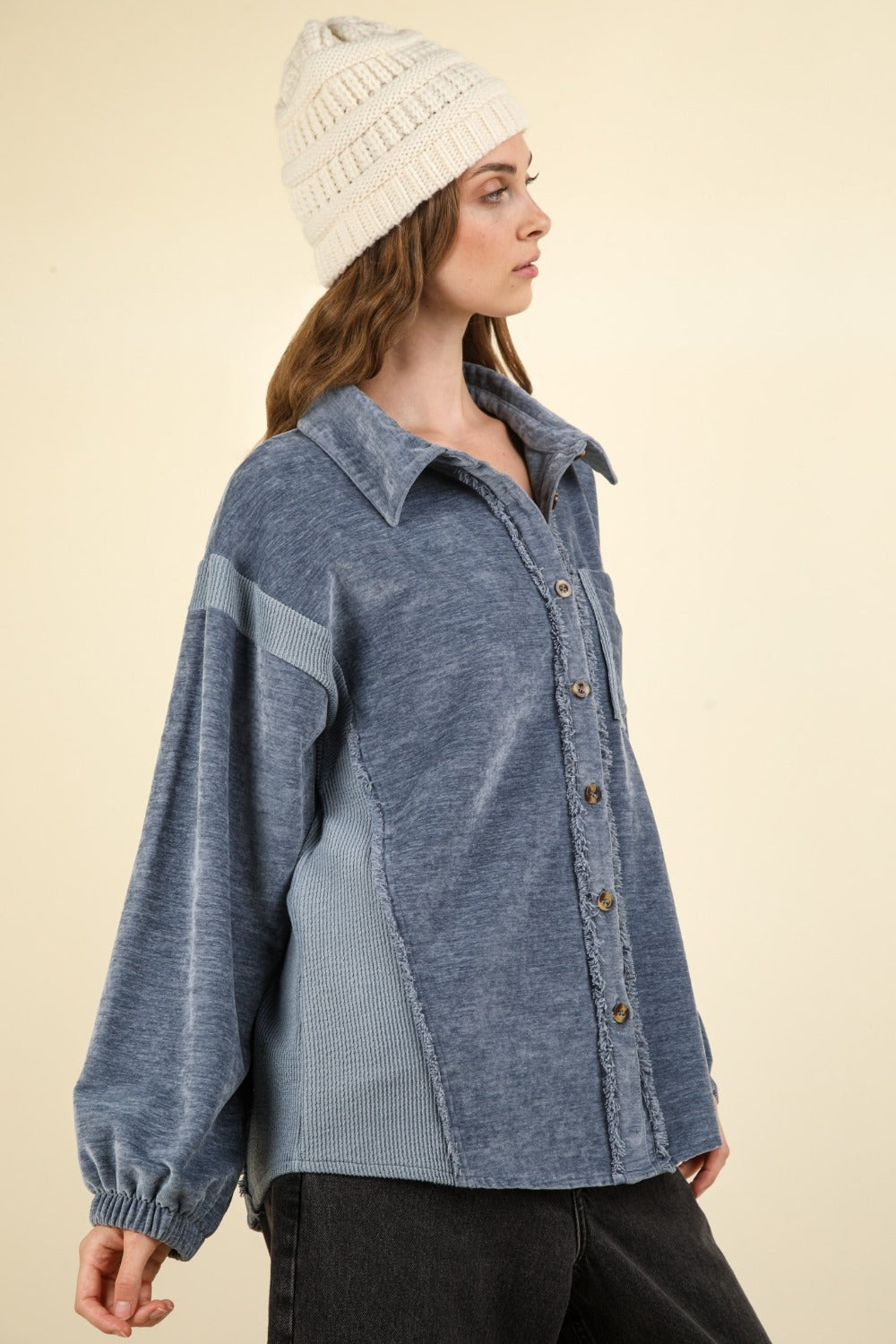 Mixed Media Button Down Raw Hem Shacket in Denim Blue