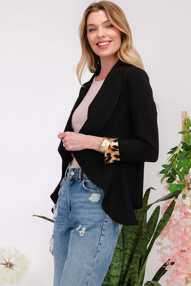 Black Leopard Cuff Open Front Blazer