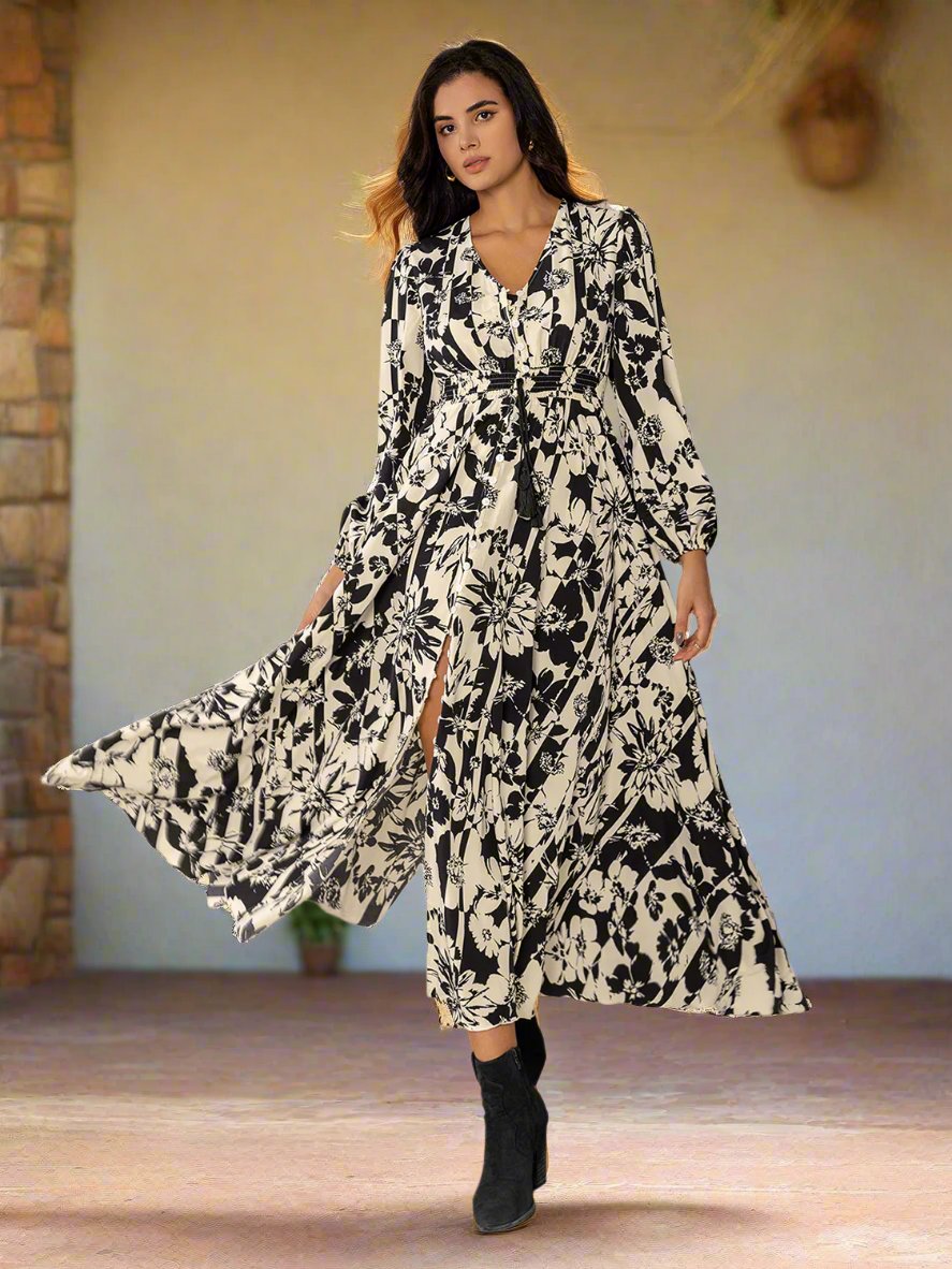 Black & White Floral Print Tassel Tie Waist Midi Dress