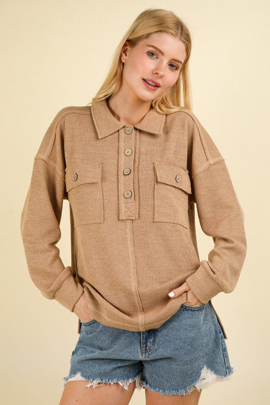 Collared Half Button Knit Top in Taupe