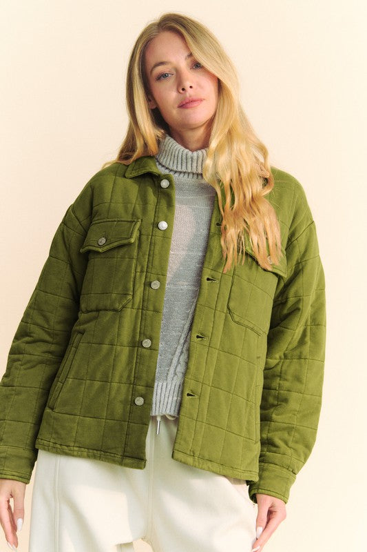 Yellow-Green Quilted Button Down Shacket