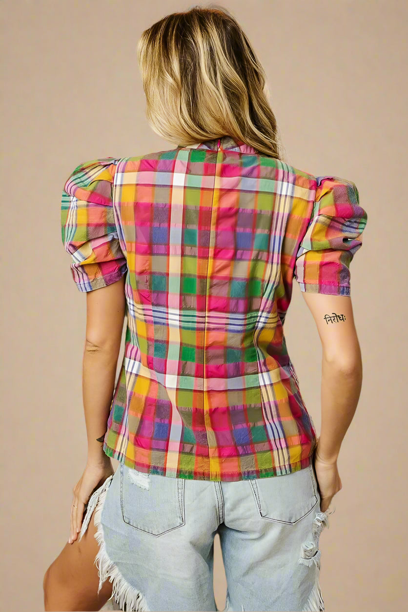 Multicolor Plaid Puff Sleeve Top