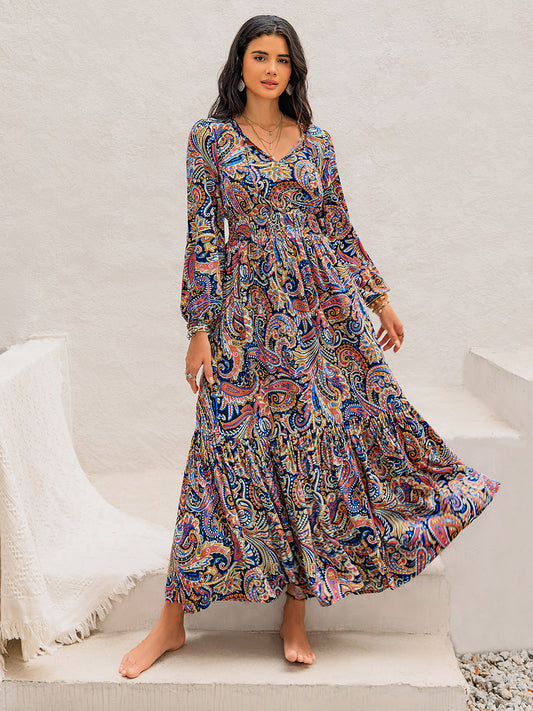 Multicolor Paisley Print Tie Neck Long Sleeve Maxi Dress