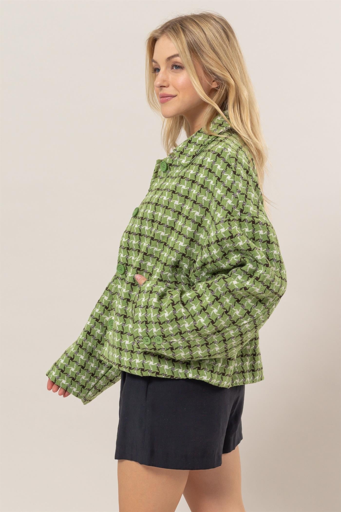 Green Tweed Plaid Button Up Jacket