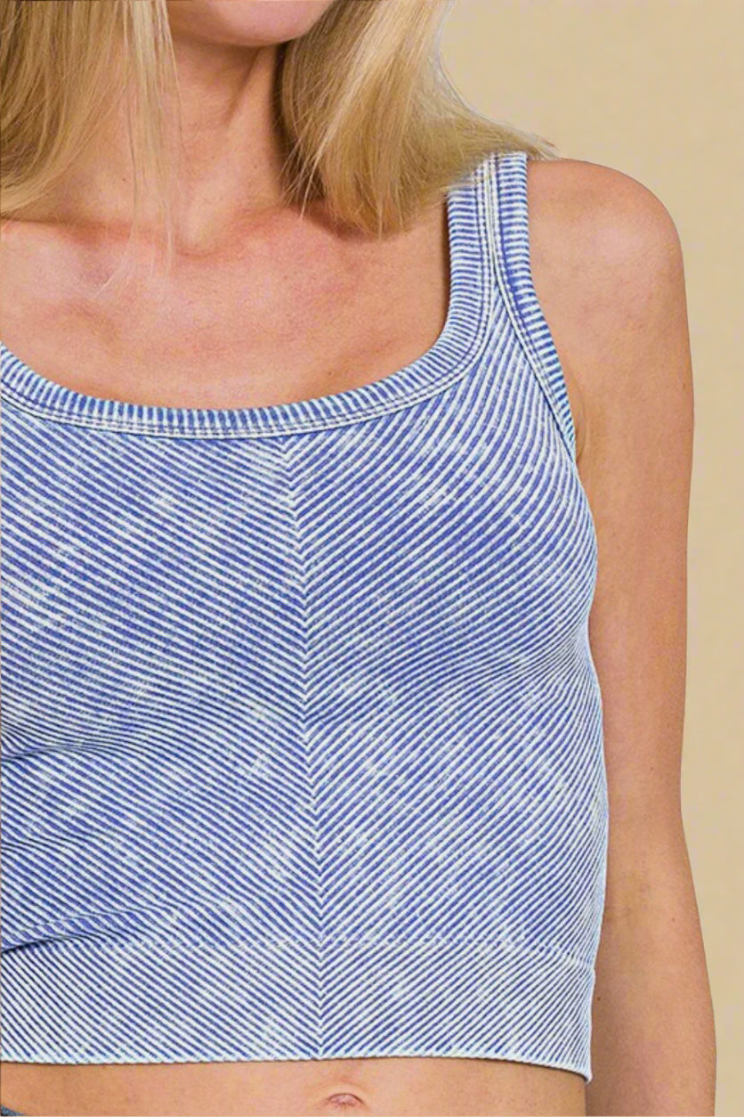 Washed Rib Knit Crop Tank Top in Light Indigo