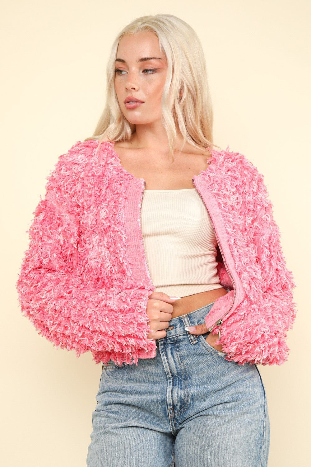 Pink Shaggy Yarn Knit Zip Up Jacket