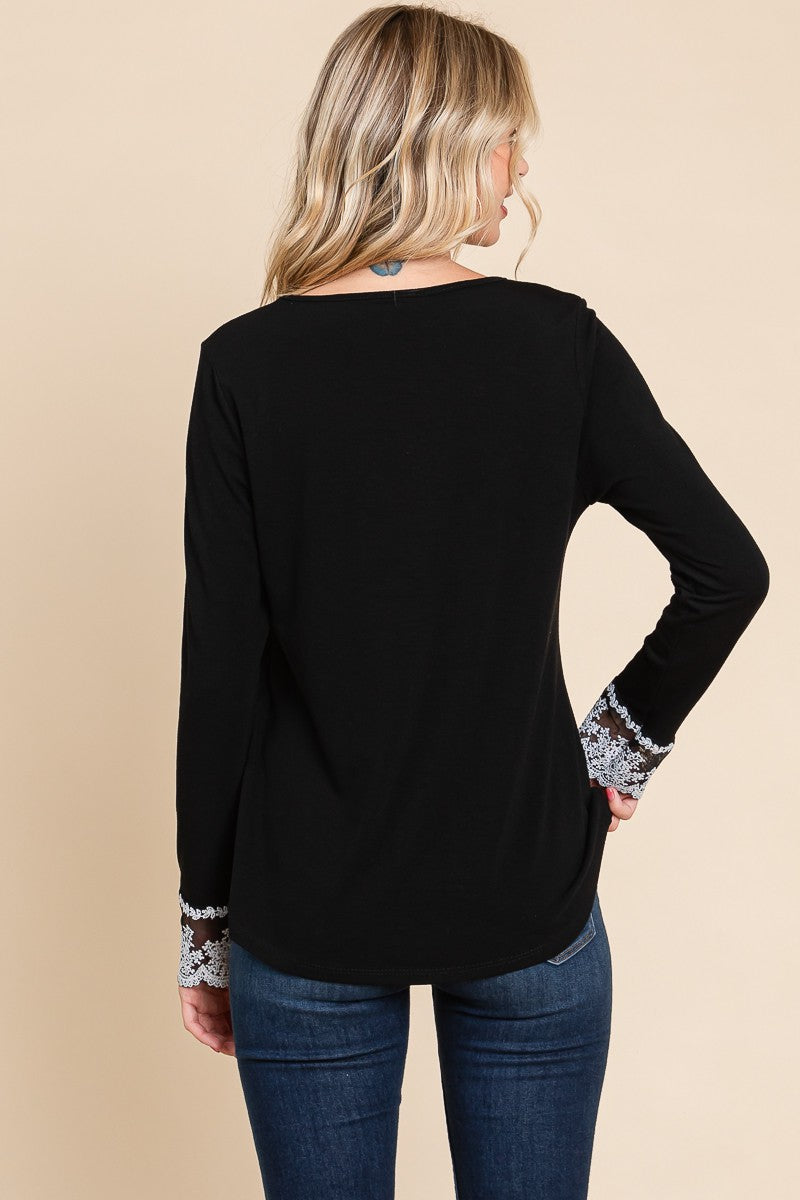 Black Lace Detail Long Sleeve T-Shirt