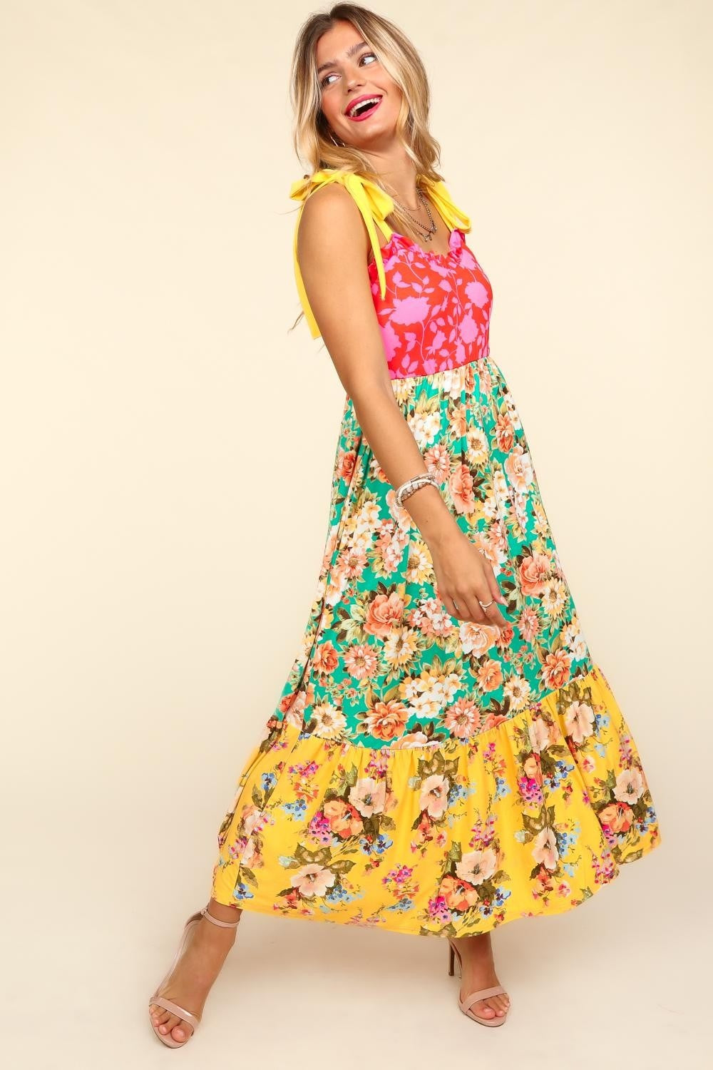 Floral Color Block Maxi Dress with Pockets in Yellow Scarlet