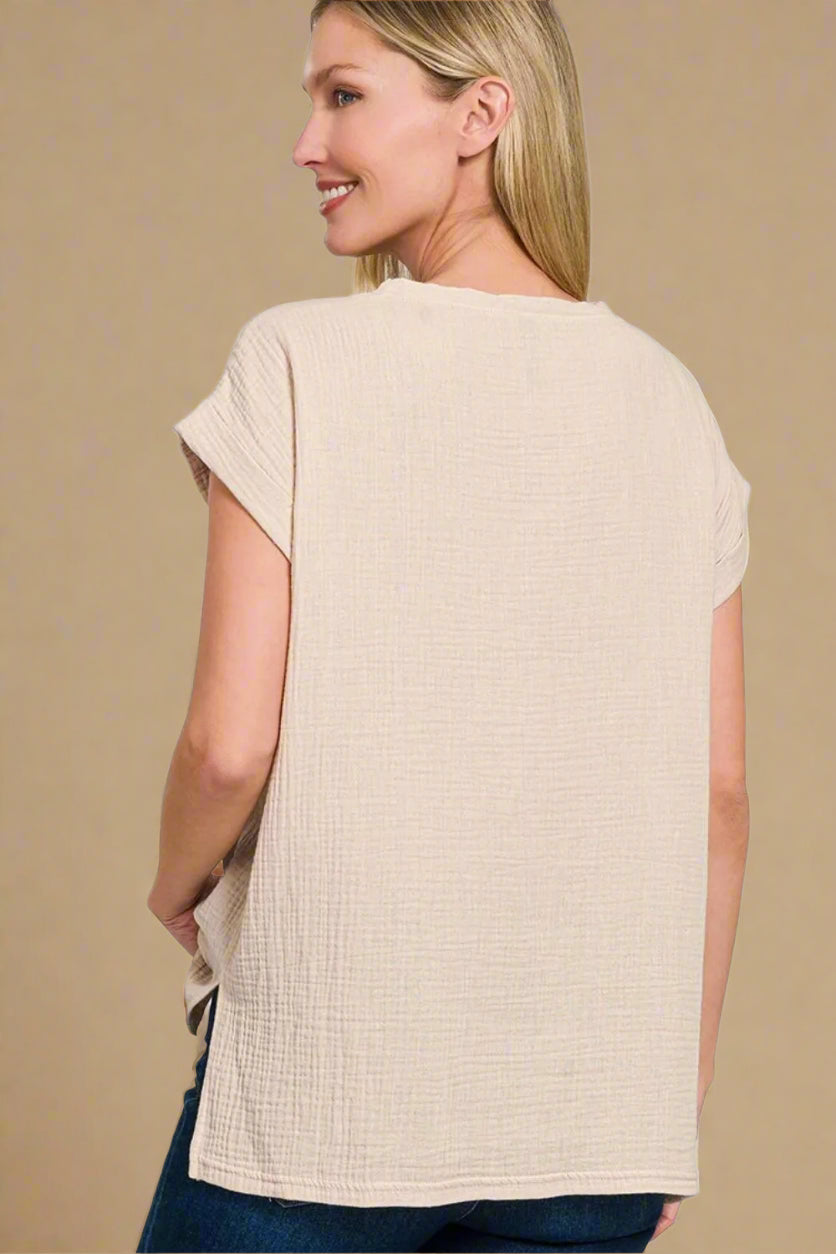 Beige Textured Gauze Rolled Sleeve Top