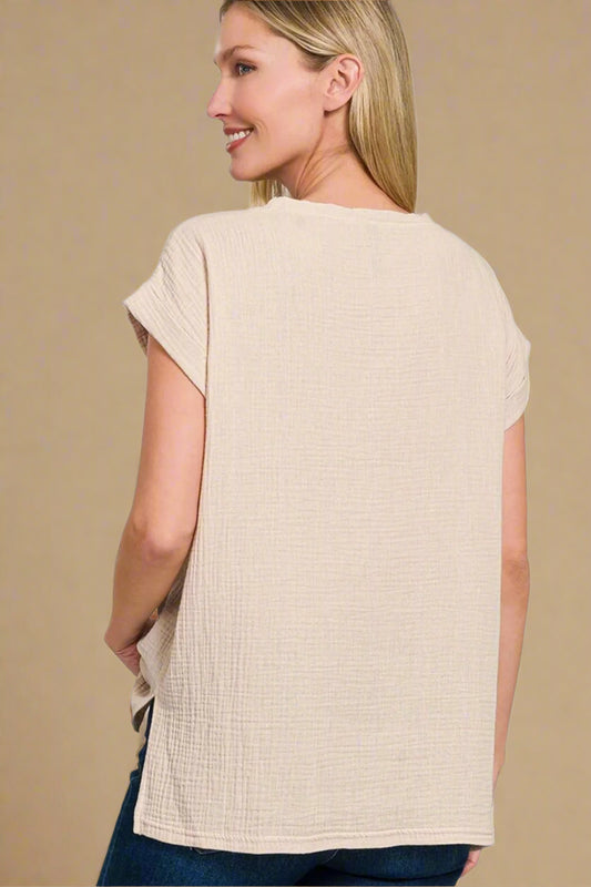 Beige Textured Gauze Rolled Sleeve Top