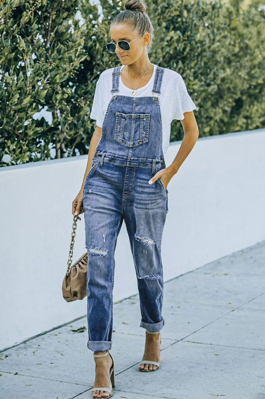 Distressed Acid Wash Denim Overalls