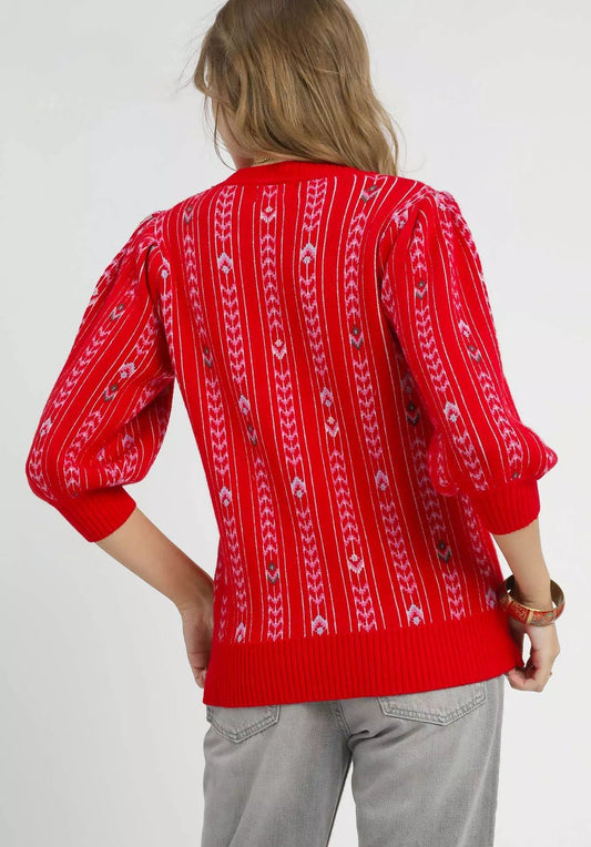 Person wearing a red patterned sweater on a white background